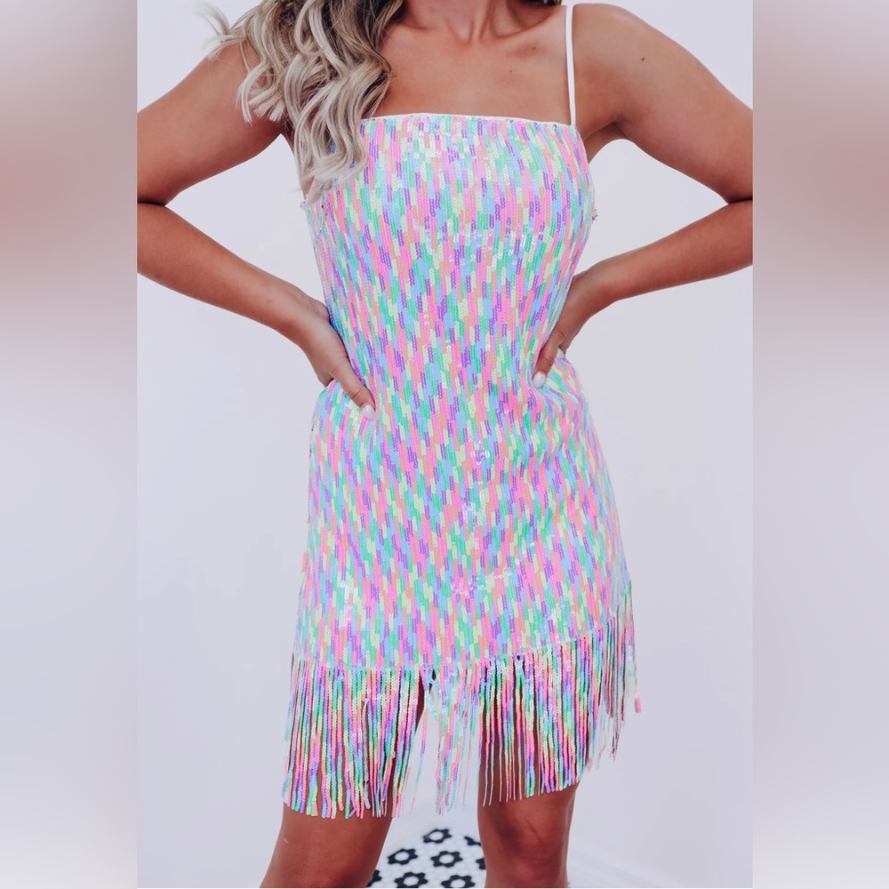 SEQUIN FRINGE MINI DRESS - MULTI COLOR